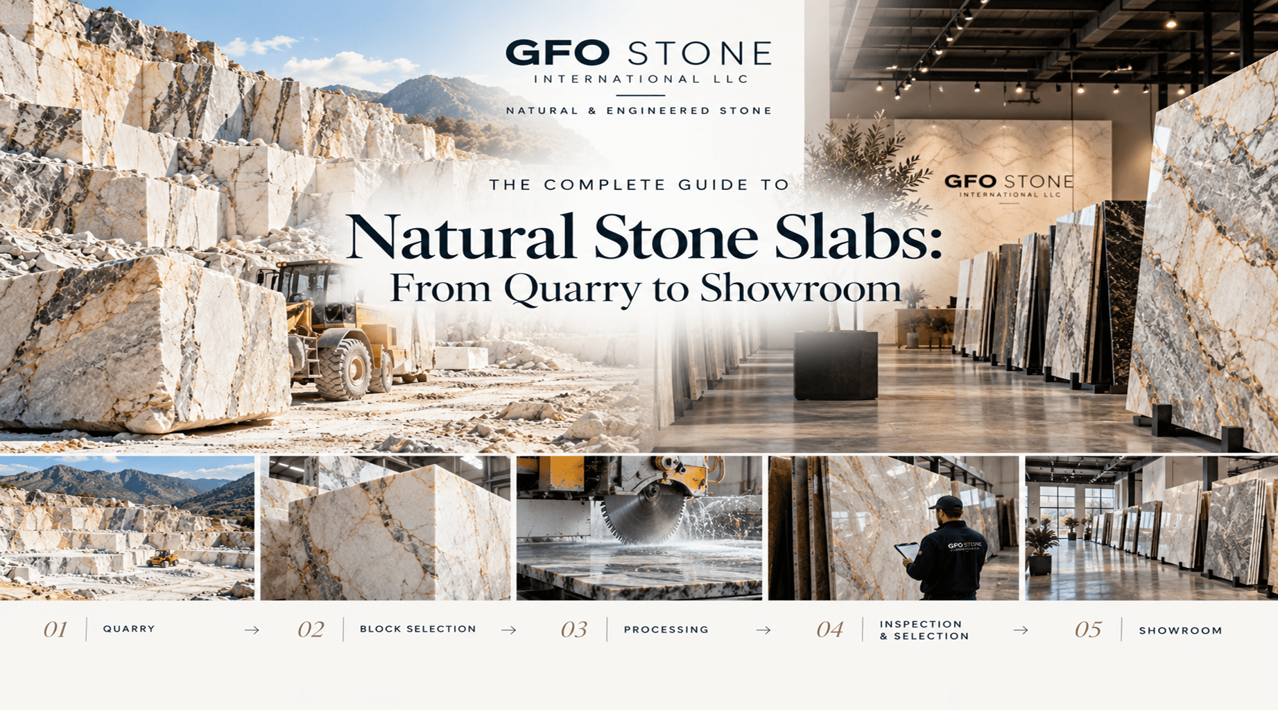 Natural stone slabs from quarry extraction to GFO Stone showroom.